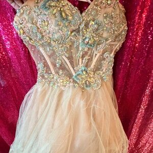 Jovani Prom Dress in Cream and Gold with Blue Accents